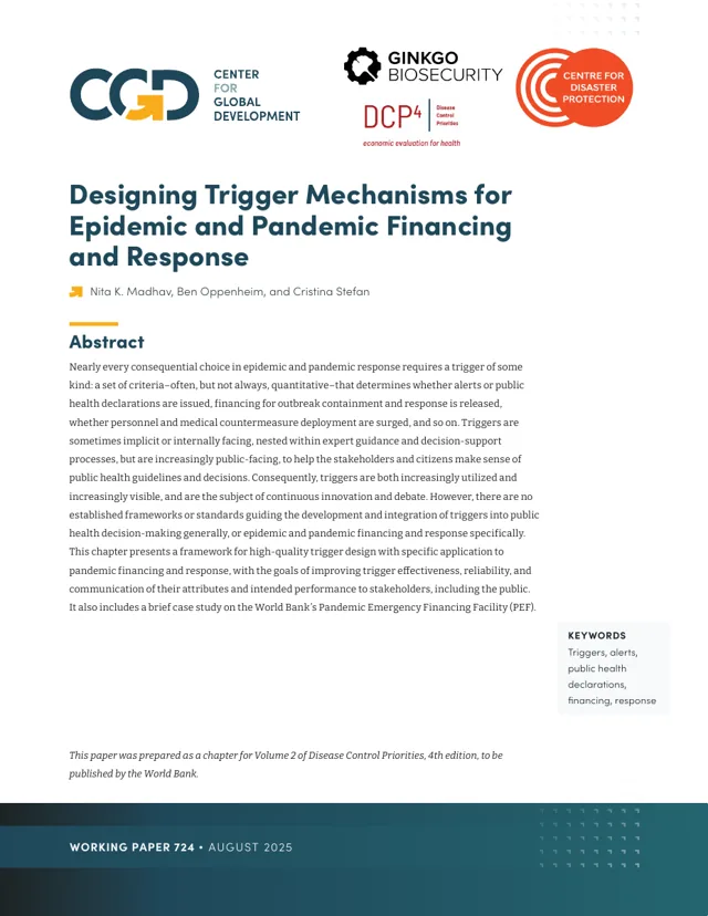 Cover of Designing Trigger Mechanisms for Epidemic and Pandemic Financing and Response, CGD Working Paper 724