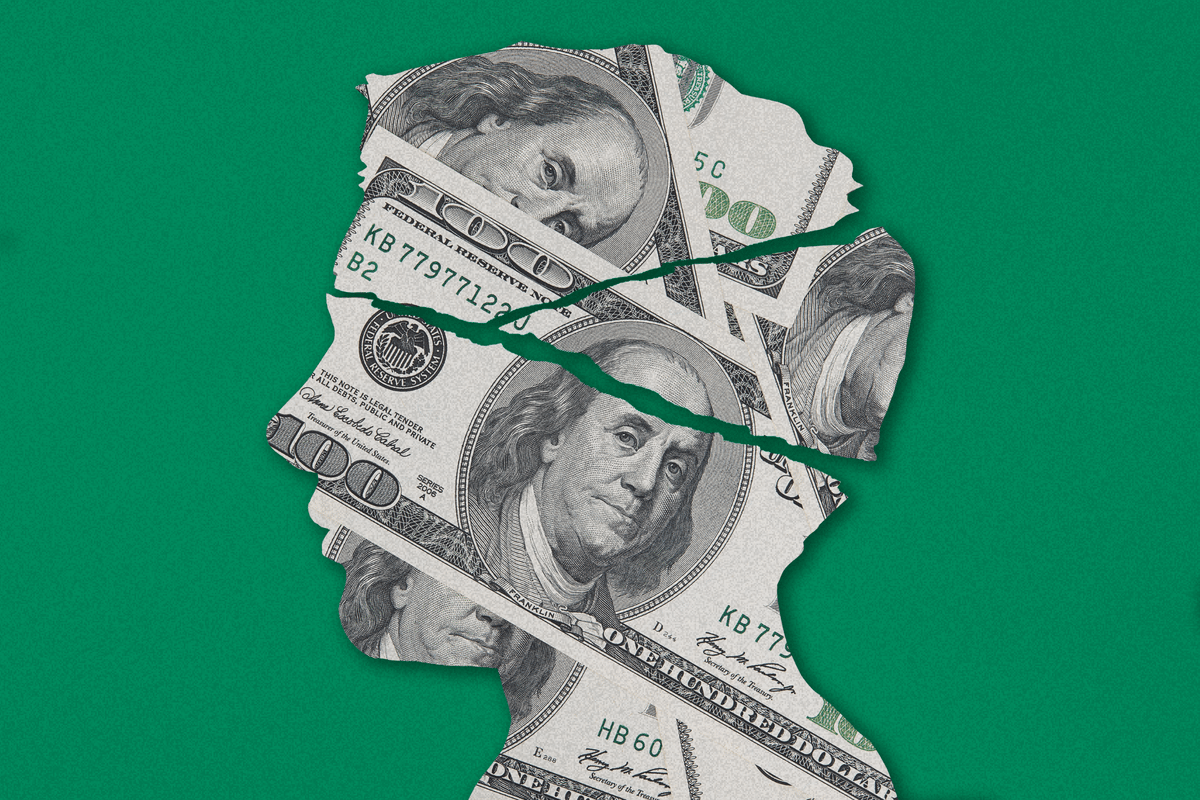 A fractured human silhouette made of dollar bills on a green background